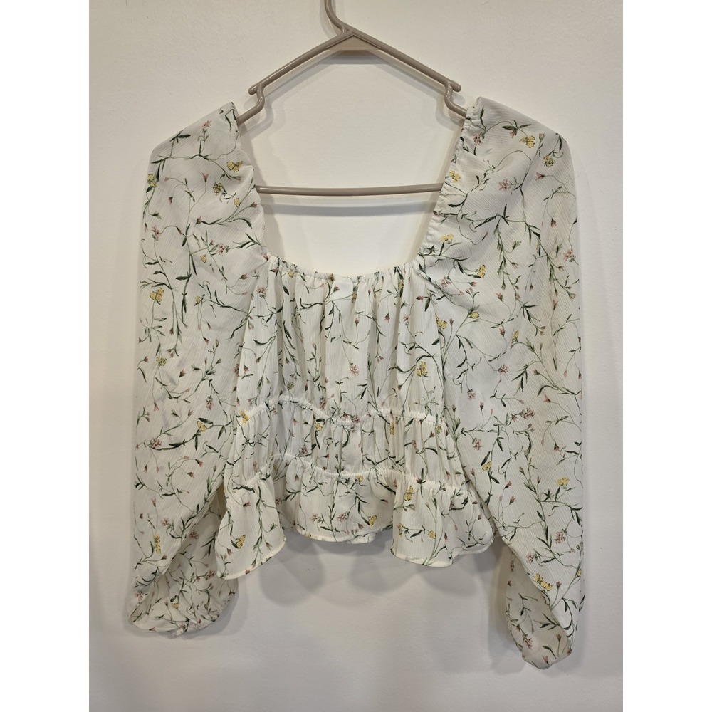 H&M Floral Peplum Blouse Women's Medium Cottagecore Long Sleeve Tie Front Top - Picture 3 of 3